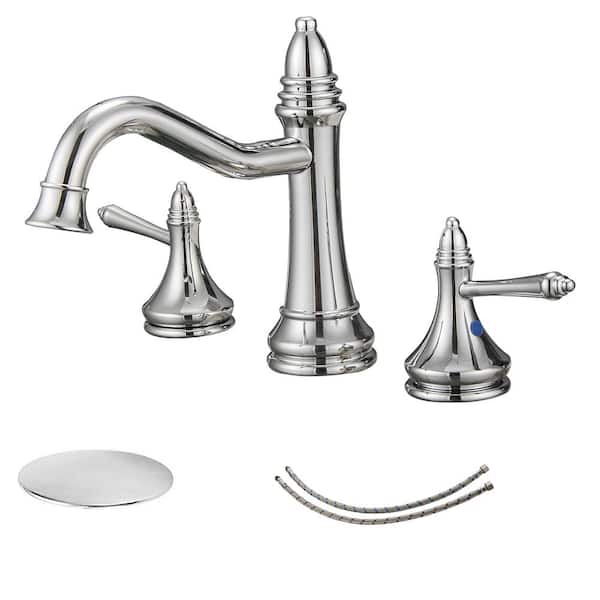 FORCLOVER 8 in. Widespread Double Handle Waterfall Bathroom Faucet with Pop-up Drain Assembly in Spot Resist Chrome