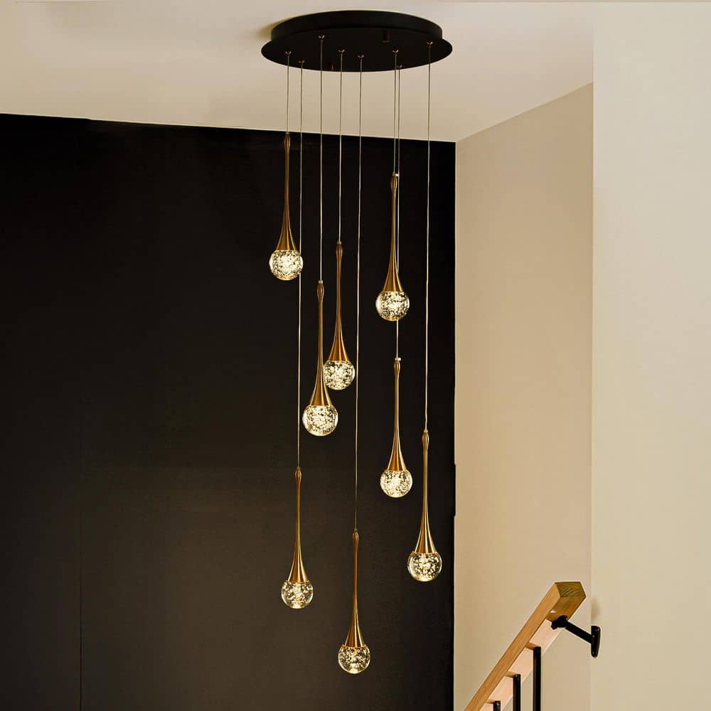 W18 in. 8-Light Modern Black Integrated LED Chandelier with Seeded Glass Mi