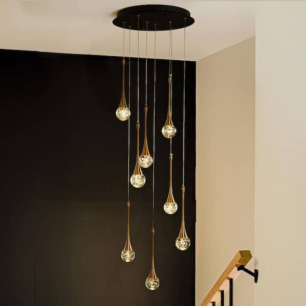ALOA DECOR W18 in. 8-Light Modern Black Integrated LED Chandelier with Seeded Glass Minimalist Cluster Teardrop Staircase Pendant