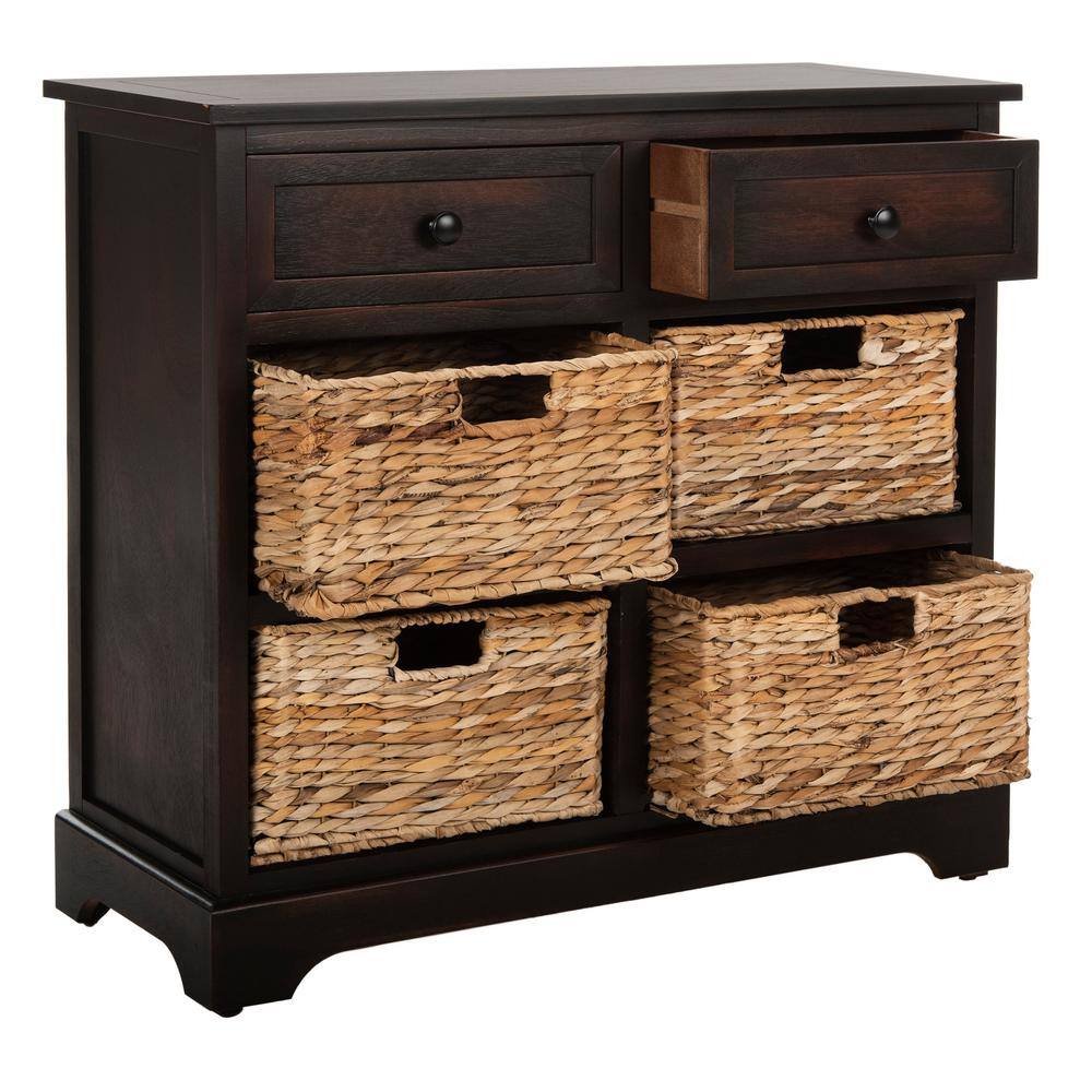 Transitional Pine Wood Storage Unit with 6 Wicker Baskets, Brown