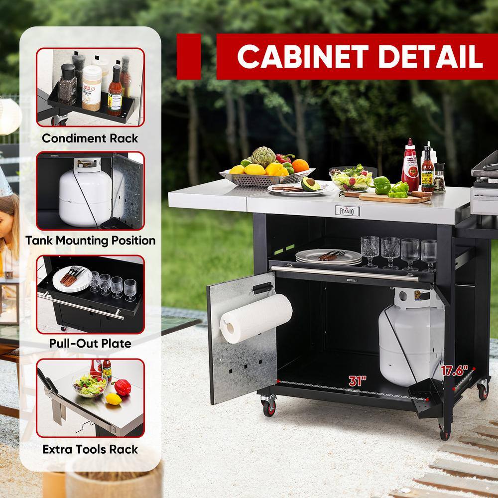 Black Stainless Steel Outdoor Kitchen Cart with Foldable Side Tables