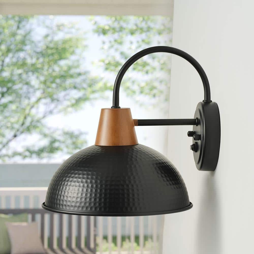 Black Iron Gooseneck Barn Wall Sconce with Wood Accent
