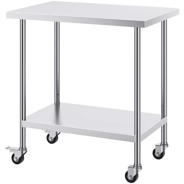 24 x 36 x 38 In. Stainless Steel Work Table, Heavy Duty Kitchen Prep Table with 4 Wheels & 3 Adjustable Shelves