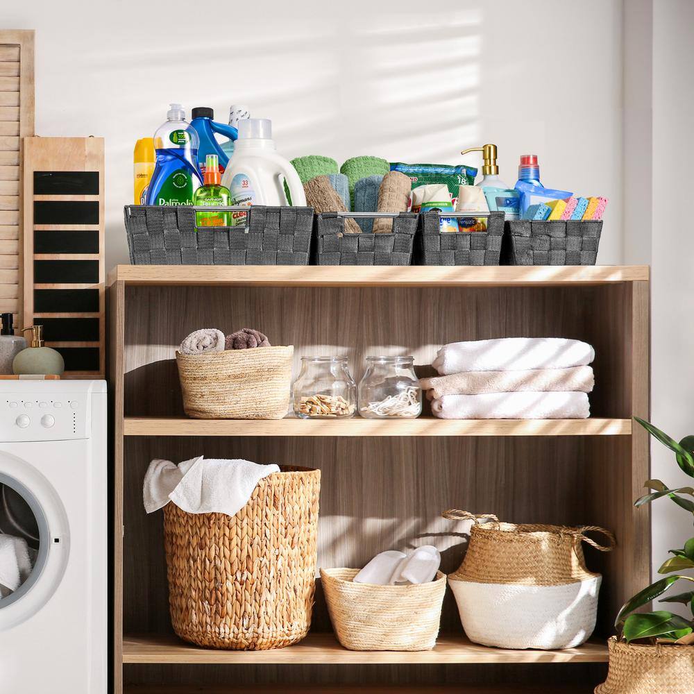 Set of 9 Black Woven Plastic Storage Baskets with Handles