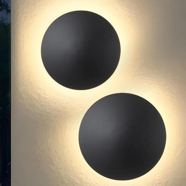 C Cattleya 2-pack 8.0 in. and 10.0 in. Black Aluminum Round Disc LED Indoor Outdoor Hardwired Wall Lantern Sconce