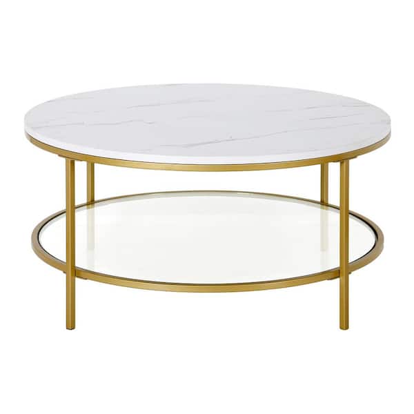 MEYER&CROSS Sivil 36 in. Gold and Faux Marble Circle Coffee Table