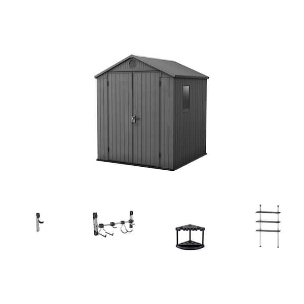 Darwin 6 ft. x 6 ft. Resin Shed, Bike Hanger, Multi Hanger, 22 in. Tool Rack and 12 in. Adjustable Shelve Kit Combo