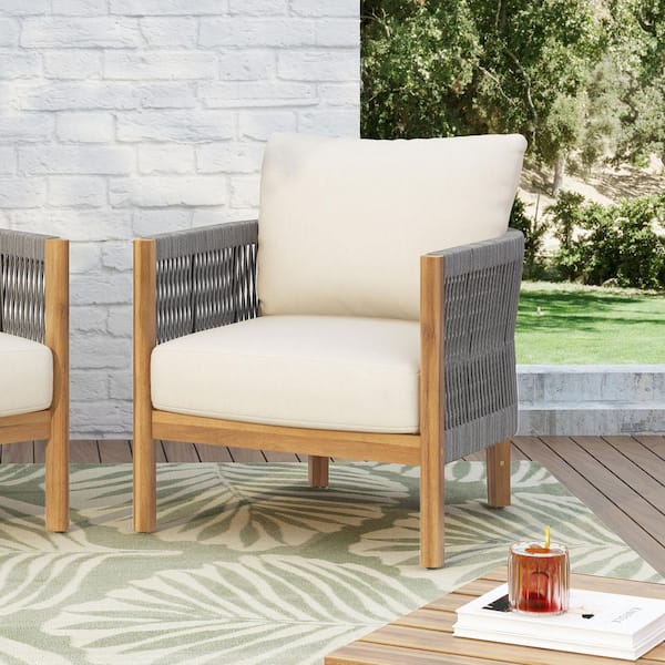 Rumi Outdoor Rope Weave and Solid Wood Patio Club Chair with Beige Cushions, Grey + Teak