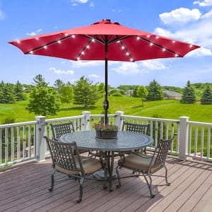 Solar Lighted LED 9 ft. Aluminum Patio Market Circle Outdoor Umbrellas with Push Button Tilt and Crank Lift in Red