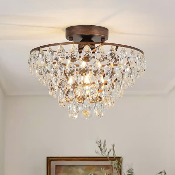 Cristal 1-Light 12.6 in.W Antique Copper Semi Flush Mount Vintage Empire Ceiling Light with Crystal for Kitchen/Hallway