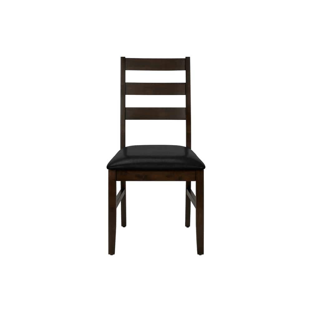 Black Leather Look Dining Chair Set of 2 with Brown Solid Wood