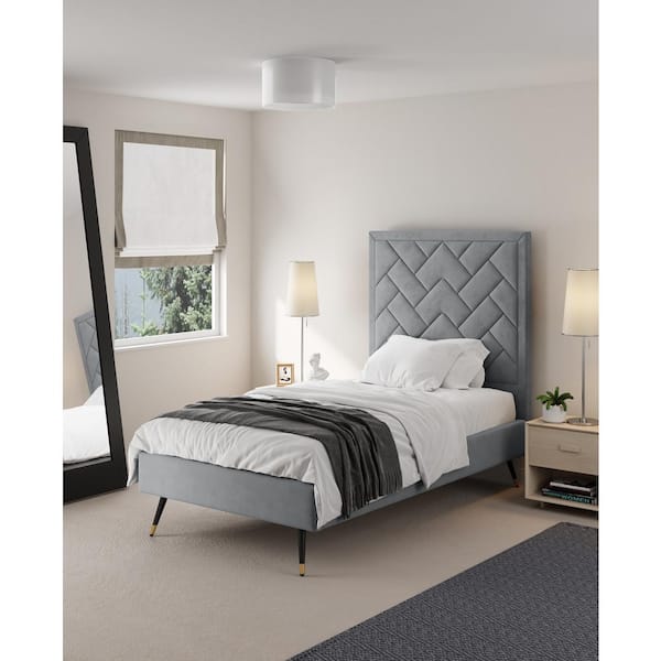 Manhattan Comfort Crosby Modern Gray Velvet Upholstered Wood Frame Twin Platform Bed