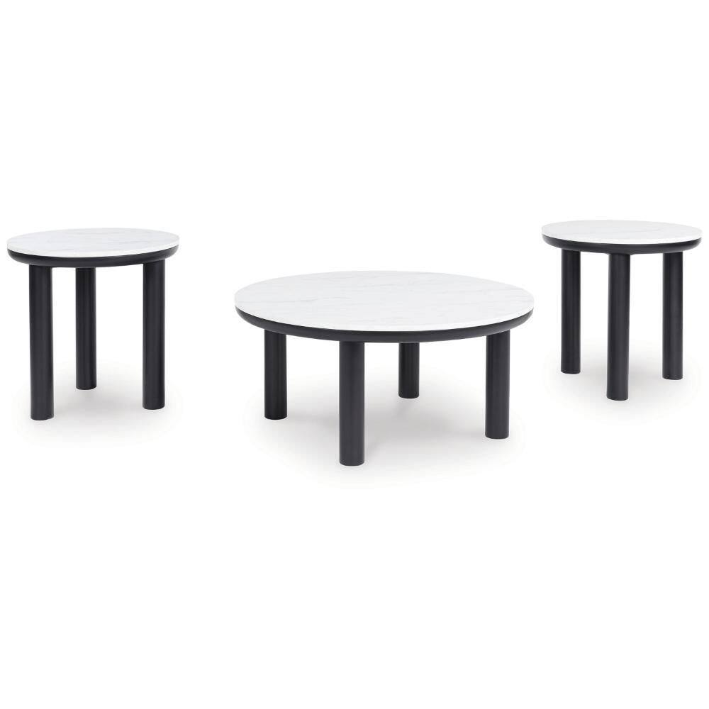 Dae 34.13 in. White and Black Round Marble Coffee Table with 2-End Table (3-Pieces Set)