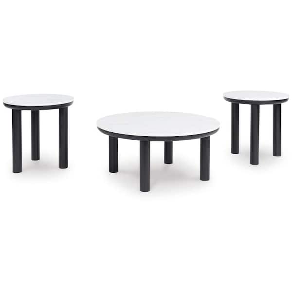Benjara Dae 34.13 in. White and Black Round Marble Coffee Table with 2-End Table (3-Pieces Set)
