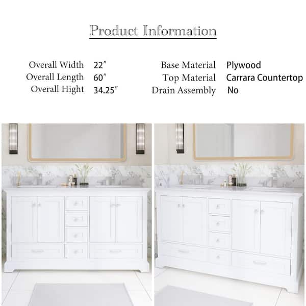 60 in. W x 22 in. D x 34.25 in. H Double Sink Freestanding Bath Vanity in White with White Marble Top