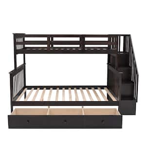 Espresso Twin Over Full Stairway Bunk Bed with 3 Drawers and Bookshelves, Wood Kids Bunk Bed Frame with Stairway