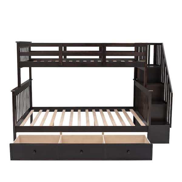 ANBAZAR Espresso Twin Over Full Stairway Bunk Bed with 3 Drawers and ...