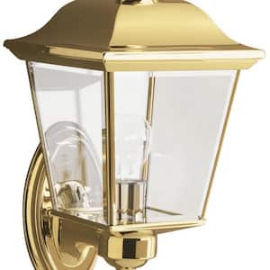 Bay Shore 15.5 in. 1-Light Polished Brass Outdoor Light Wall Mount Lantern with Clear Beveled Glass Panels (1-Pack)