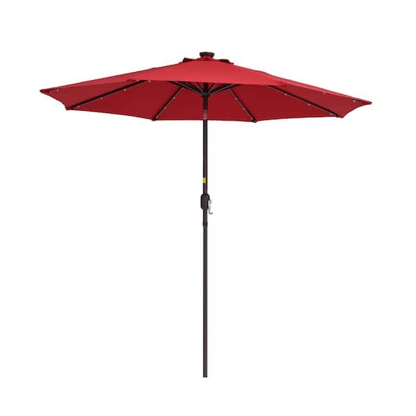 ANGELES HOME 9 ft. Steel Market LED Patio Umbrella in Red, Crank Lift System,Tiltabl, UPF 50+