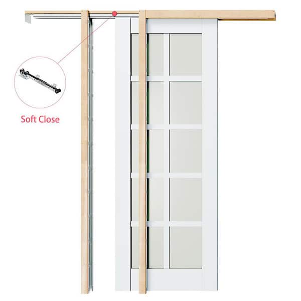 64 in. x 80 in. White Primed Solid Wood, 10 Lite Mirrored Glass, Sliding Pocket Door with Soft Close, Frame and Hardware