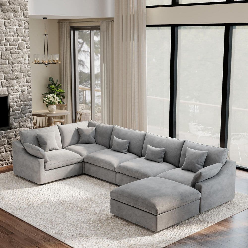 J&E Home 155.9 in. Square Arm 6-piece Linen Modular Sectional Sofa