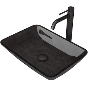 Glass Rectangular Vessel Bathroom Sink in Onyx Gray with Lexington Faucet and Pop-Up Drain in Matte Black