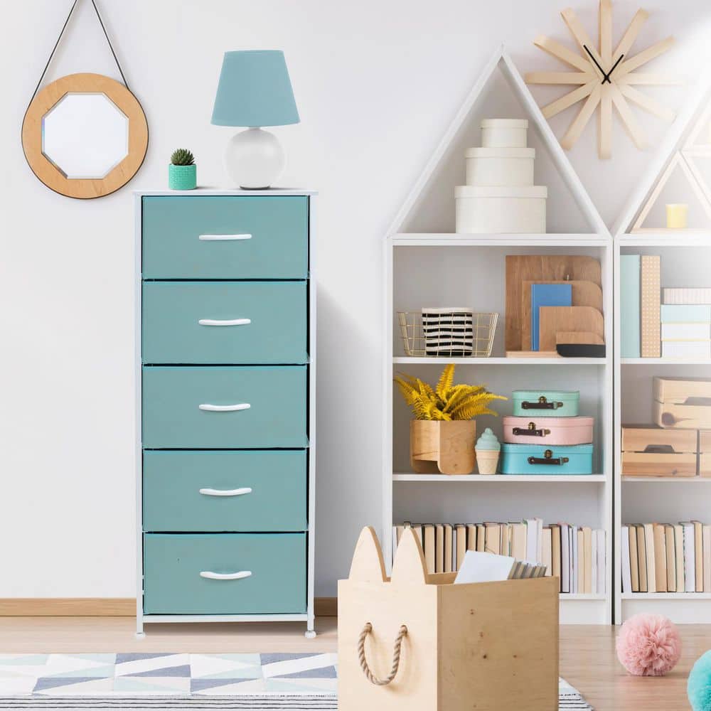 Aqua Fabric 5-Drawer Tall Storage Dresser with Steel Frame