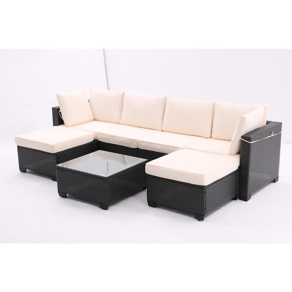 Zeus & Ruta 7-Piece Brown Wicker Patio Outdoor Sectional Sofa Set with Beige Cushions and 1 Glass Top Table