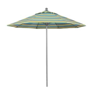 9 ft. Gray Woodgrain Aluminum Commercial Market Patio Umbrella Fiberglass Ribs and Push Lift in Astoria Lagoon Sunbrella