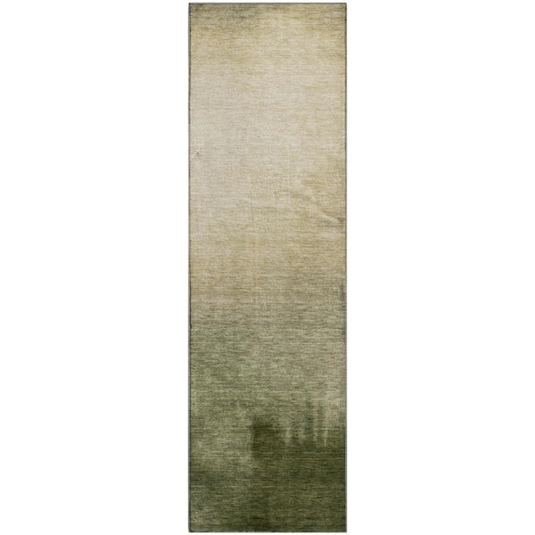 Mayfield Premium Machine Washable Abstract AMF2420 Olive 2 ft. x 7 ft. Runner Rug