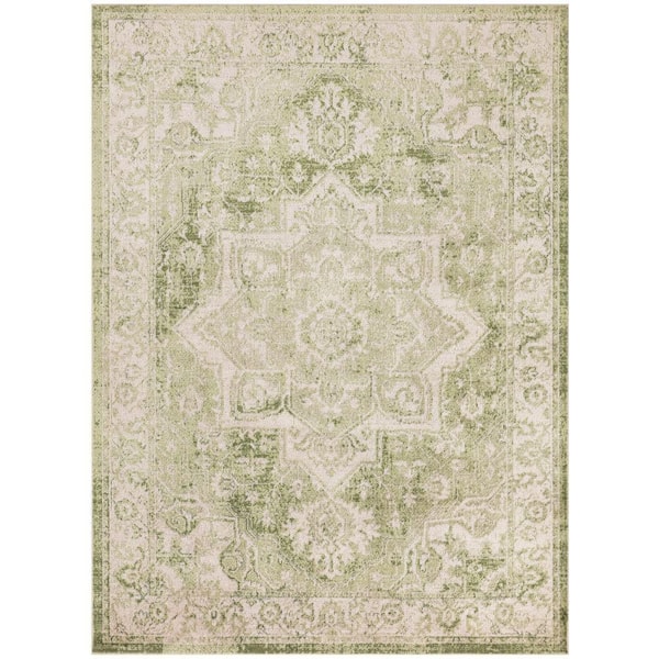 Nourison Astra Machine Washable Ivory Green 5 ft. x 7 ft. Center medallion Traditional Area Rug