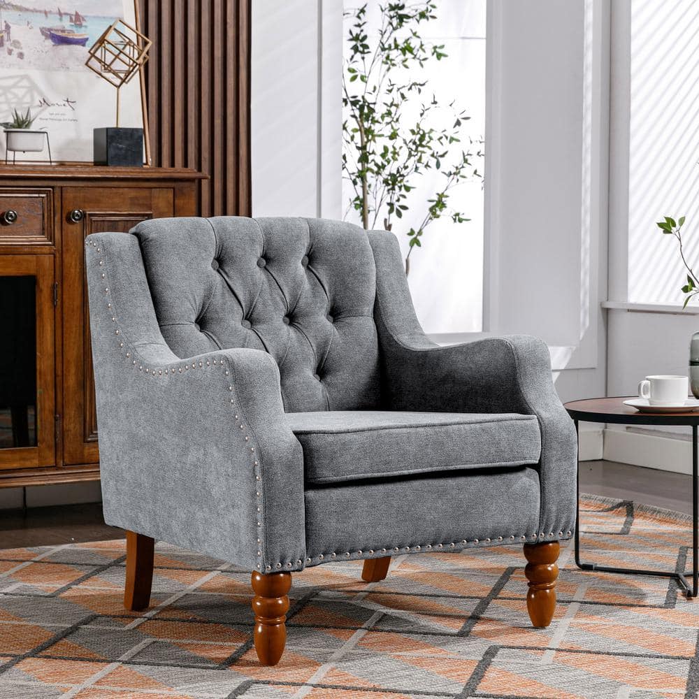 FERPIT Upholstered Linen Bottom Storage Button Tufted Accent Chair