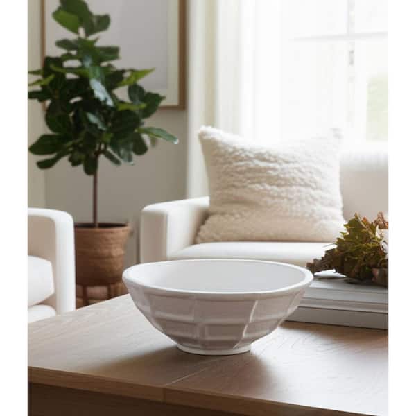 13.75 in. x 13.75 in. White Paper Mache Windowpane Decorative Bowl