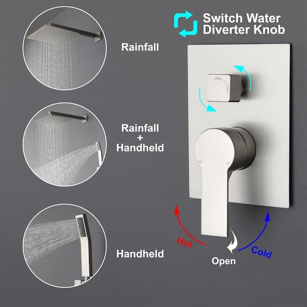 Miscool Rainfall 1-Handle 1-Spray 10 in. Square High Pressure Shower Faucet in Brushed Nickel (Valve Included)