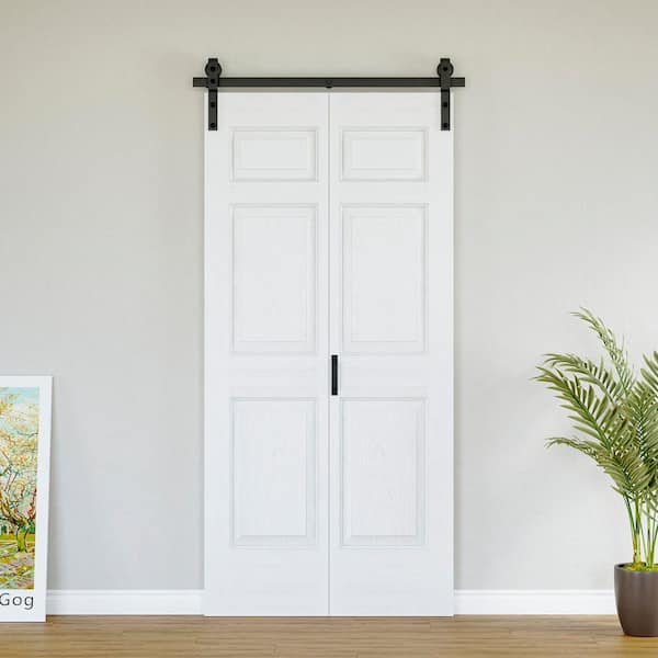 40 in. x 84 in. Paneled 6-Lite White Primed Hollow Core MDF Composite Bi-Fold Door with Bifold Barn Door Hardware