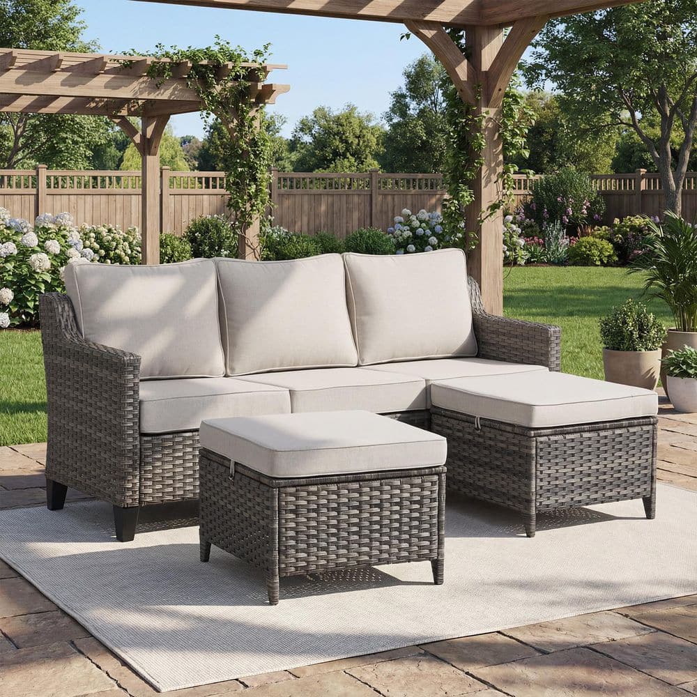 Haven 3-Piece Gray Wicker Outdoor 3-Seat Couch with 4-Inch Thick Beige Cushions and ottomans price history on PriceWatchPro