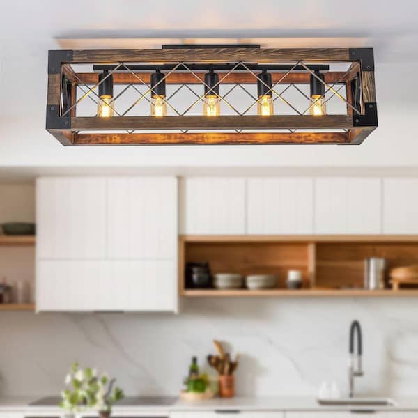 31.5 in. 5-Light Rustic Farmhouse Black and Wood Frame Rectangular Flush Mount Ceiling Light