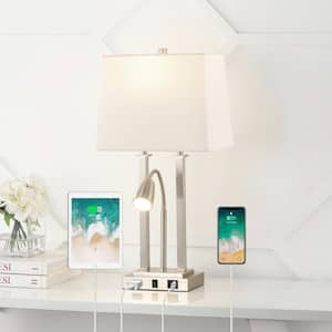 Blaire 23.75 in. Nickel 2-Light Metal LED Table Lamp with USB Charging port, Adjustable Reading Light and AC Outlet