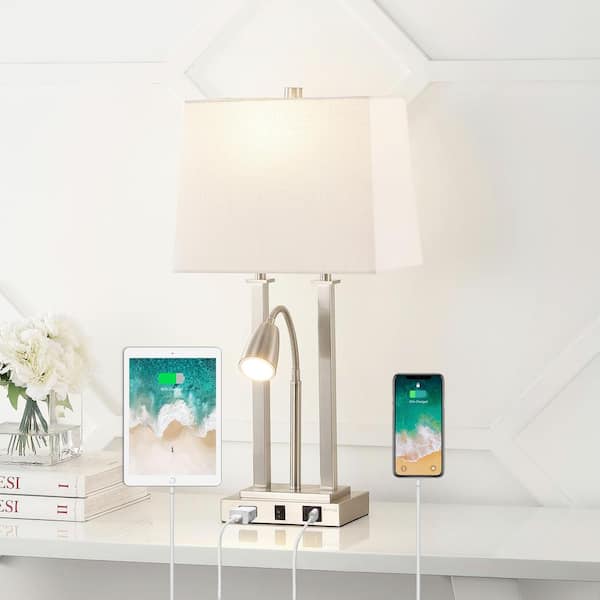 Blaire 23.75 in. Nickel 2-Light Metal LED Table Lamp with USB Charging port, Adjustable Reading Light and AC Outlet