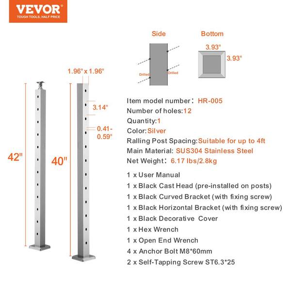 VEVOR Cable Railing Post 42 in. L x 2 in. W x 2 in. H 30° Angled Hole Stair Railing Post SUS304 Stainless Steel Rail Post