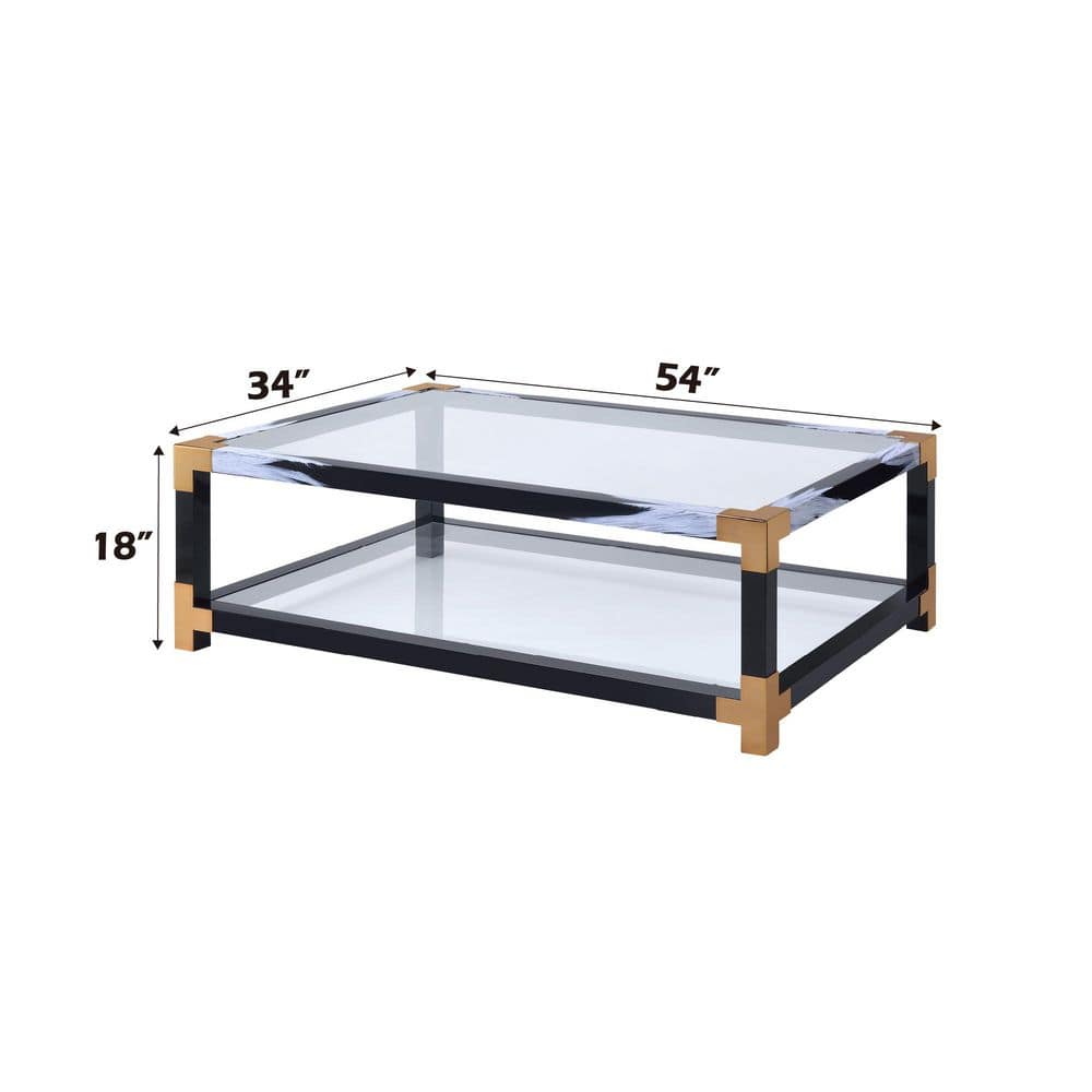 Black and Gold Rectangular Glass Coffee Table with Storage Shelf