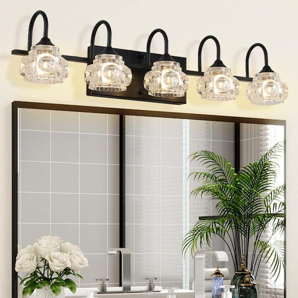 29 in. 5-Light Black Vanity Lights Wall Sconces with Crystal Glass Shades for Bathroom Room, No Bulbs Included