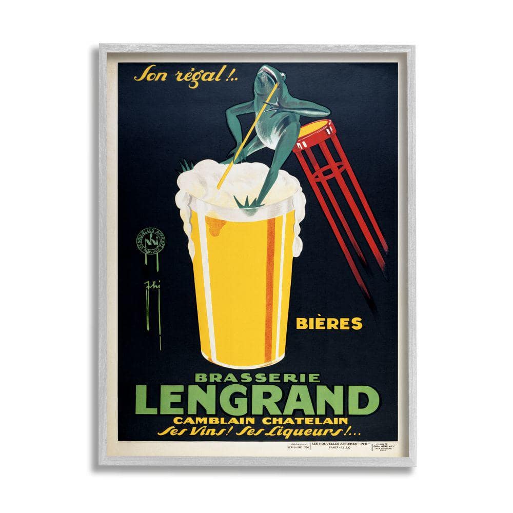 Stupell Industries Vintage Brasserie Lengrand European Advertisement Frog Beer by Marcus Jules Framed Drink Wall Art Print 24 in. x 30 in., Yellow -  af-006_gff24x30