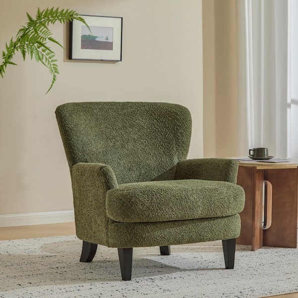 Olive Green Boucle Upholstered Club Chair with Birch Wood Legs, High Back