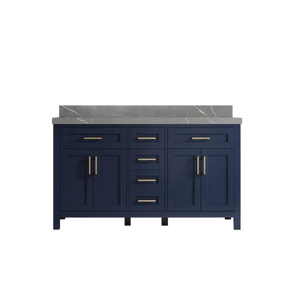 Willow Collections Cambridge 60 in. W x 22 in. D x 36 in. H Double Sink Bath Vanity in Hale Navy Blue with 2 in. Piatra Gray Quartz Top