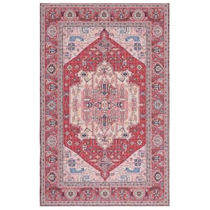 Tuscon Red/Pink Doormat 3 ft. x 5 ft. Machine Washable Floral Medallion Border Area Rug