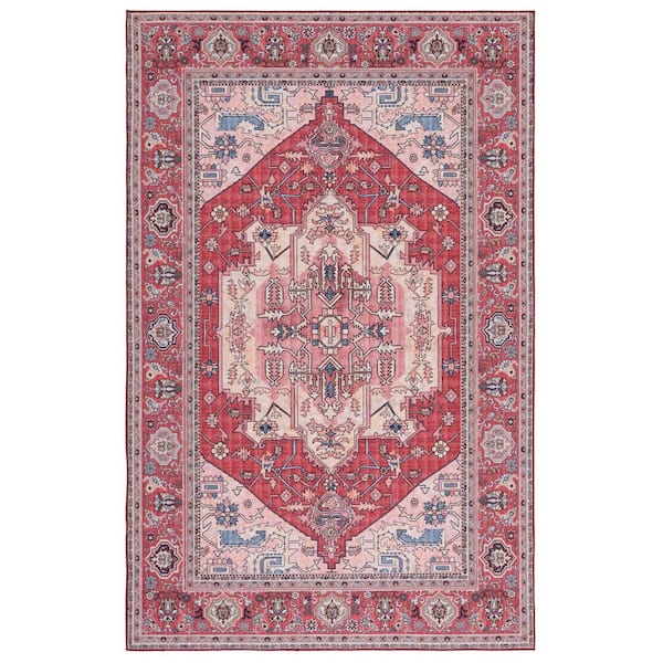 SAFAVIEH Tuscon Red/Pink 6 ft. x 9 ft. Machine Washable Floral Medallion Border Area Rug