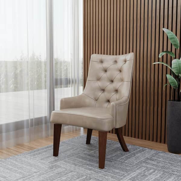 Leisuremod Upholstered Dining Chair with Diamond-Tufted Back with Rubberwood Legs Spruce Set of 4 in Taupe