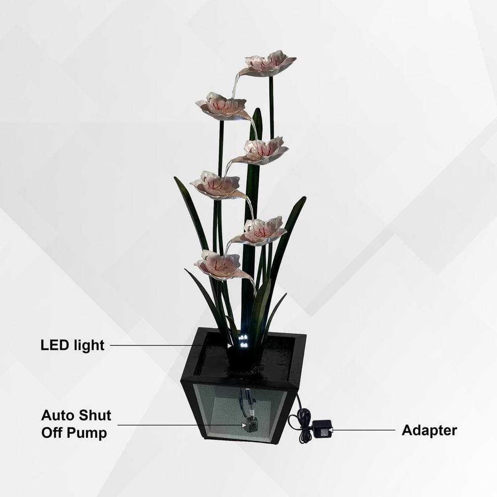Tall Black and White Metal Multi-Tiered Flower Water Fountain with LED Lights