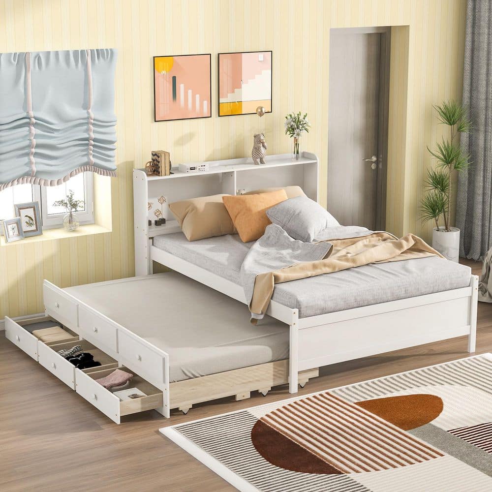 GODEER White Wood Frame Full Platform Bed with Bookcase Twin Trundle ...